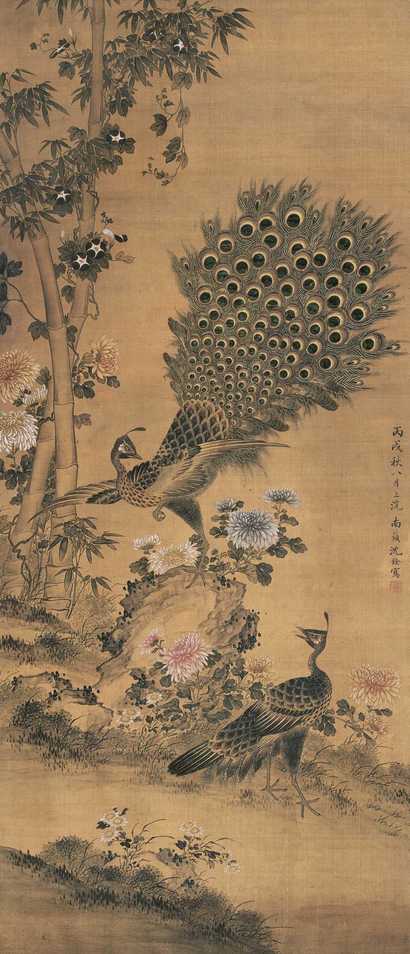 沈铨 孔雀 立轴